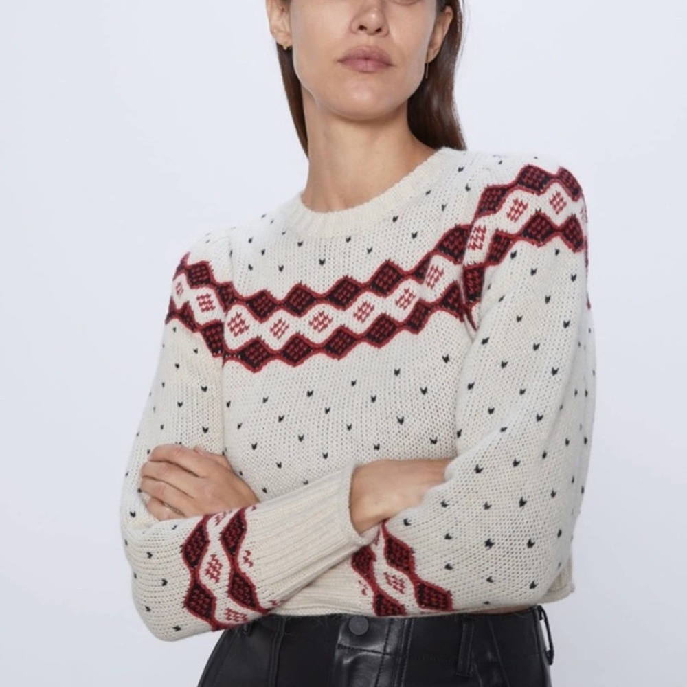 NWT Zara Jacquard Cropped Cream Red Black Sweater Padded Shoulders Size Medium